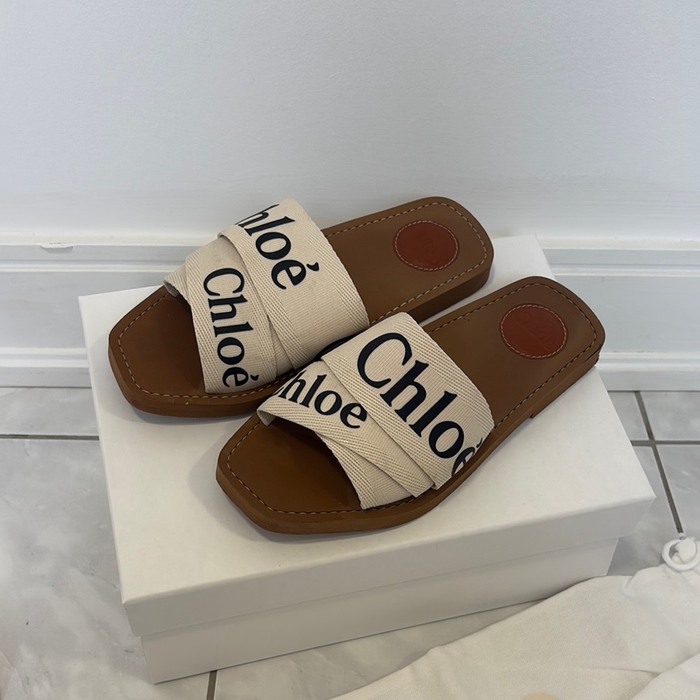 Chloé Woody Canvas Logo Slide Sandals Size 37
